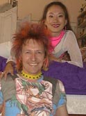 Spiky orange and purple - works shirt with hottie Cyn before a Hustler night - Going Down - 2002