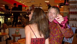 Stan and Cyn dance to members of Casino Royale with Deanna Luund looking on for Sex and the Sixties at Hustler - blonde flat hair - 60's rockstar look - 2003 - phto by Clay Epstein